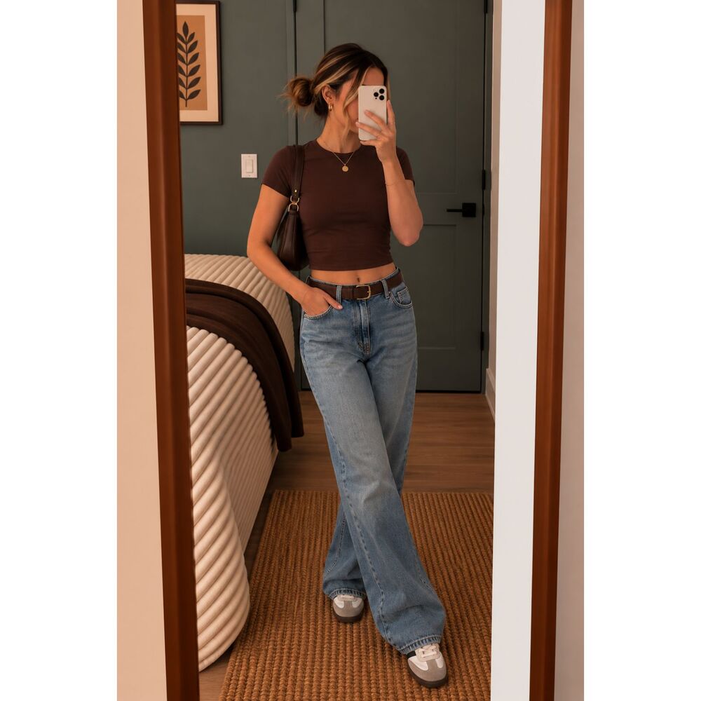 Zara Chocolate Brown Fitted Crop Top Womens S Short Sleeve Baby Tee